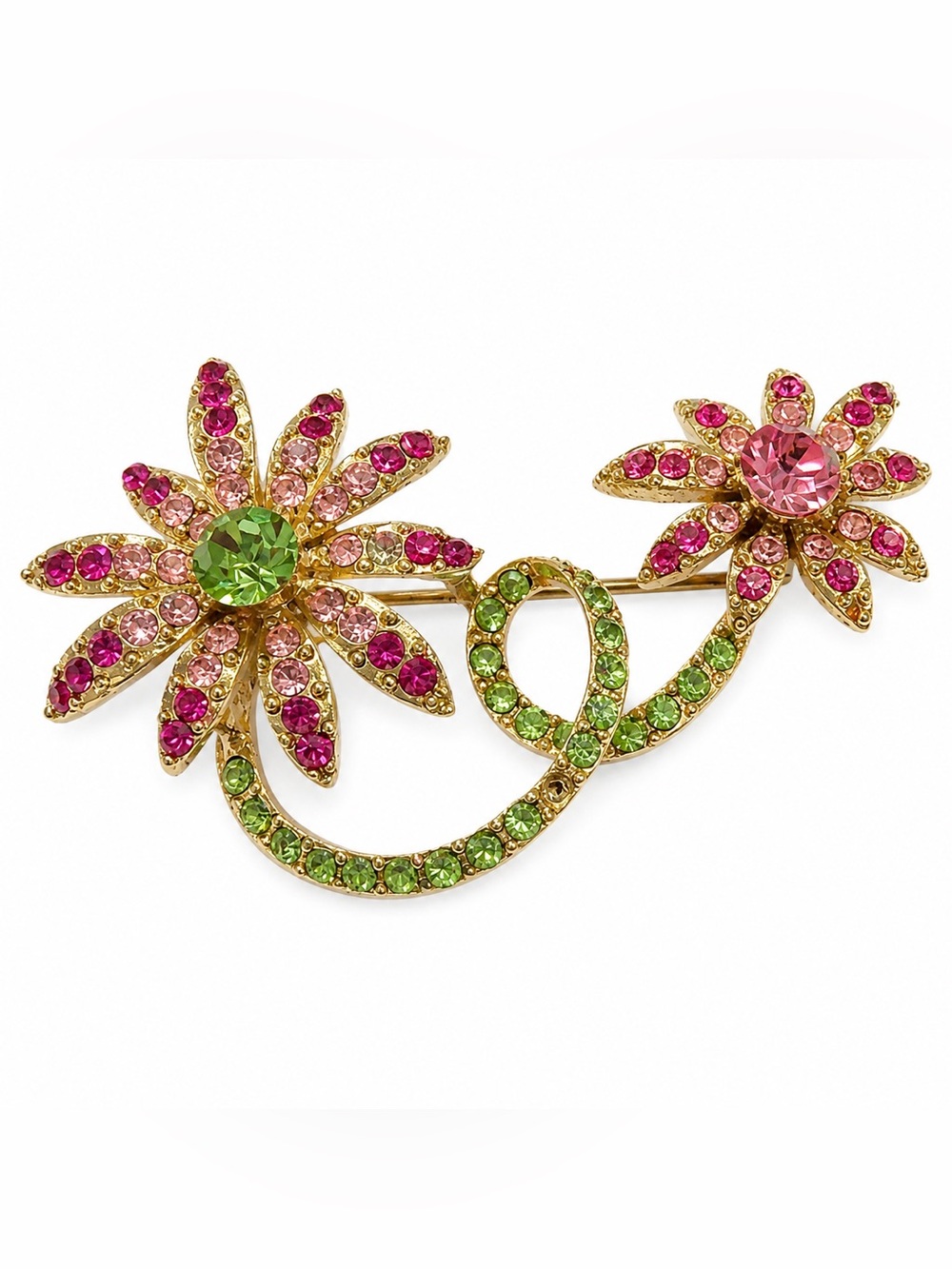 Gold-Tone Floral Rhinestone Brooch in Pink & Green